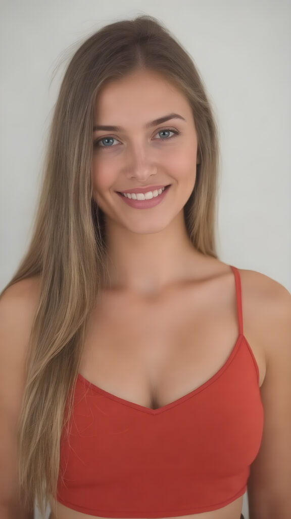 a beautiful well busty young girl, perfect curved body, deep v-neck, spaghetti cropped tank top, very long straight brown hair, smile, view from the front, detailed, realistic