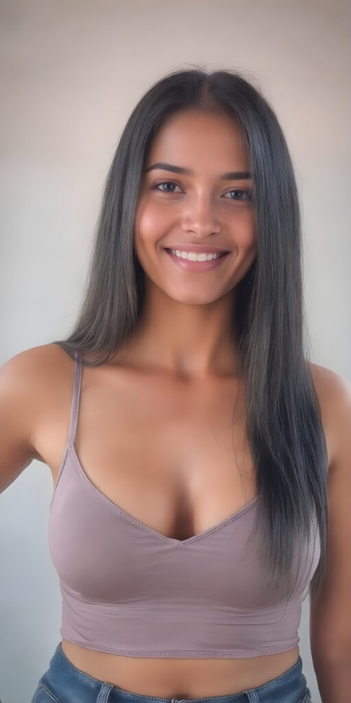 a beautiful well busty women, perfect curved body, deep v-neck, spaghetti cropped tank top, very long straight obsidian black hair, smile, view from the front