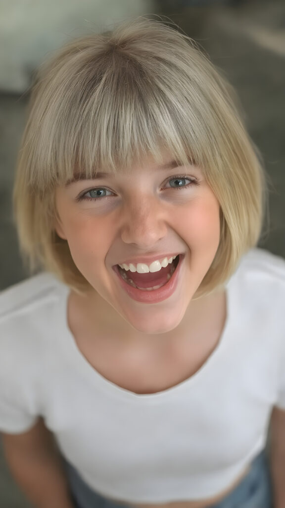 a beautiful young busty teen girl. Her short blonde hair in bob cut is soft and straight and she is overjoyed. The picture is very detailed and beautifully focused. The girl is wearing a short cropped white t-shirt and has a wonderfully shaped female body, view form above, open mouth, the girl is centered in the pictures