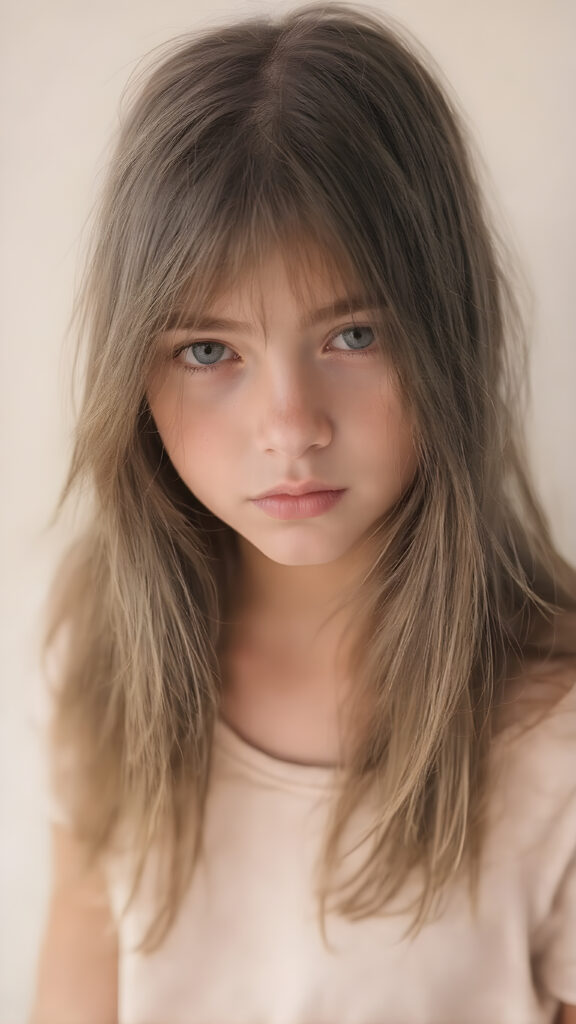 a beautiful young teen girl, with (long, straight, thick, jet indigo soft hair) (with visible natural freckles on her face) (full body view, with a slightly turned head, looking up into the camera) She wears a natural indigo (thigh-length) t-shirt, (that perfectly complements her youthful figure), the lighting is soft and warm, highlighting her natural beauty and the intricate details of her dress. There is a hint of mischief on her face, reflecting the playful essence of a teenager. The overall mood of the image is one of natural beauty and youthful confidence, all against a light indigo backdrop