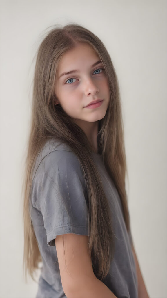 a beautiful young teen girl, with (long, straight, thick, jet indigo soft hair) (with visible natural freckles on her face) (full body view, with a slightly turned head, looking up into the camera) She wears a natural indigo (thigh-length) t-shirt, (that perfectly complements her youthful figure), the lighting is soft and warm, highlighting her natural beauty and the intricate details of her dress. There is a hint of mischief on her face, reflecting the playful essence of a teenager. The overall mood of the image is one of natural beauty and youthful confidence, all against a light indigo backdrop