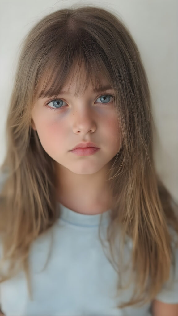 a beautiful young teen girl, with (long, straight, thick, jet indigo soft hair) (with visible natural freckles on her face) (full body view, with a slightly turned head, looking up into the camera) She wears a natural indigo (thigh-length) t-shirt, (that perfectly complements her youthful figure), the lighting is soft and warm, highlighting her natural beauty and the intricate details of her dress. There is a hint of mischief on her face, reflecting the playful essence of a teenager. The overall mood of the image is one of natural beauty and youthful confidence, all against a light indigo backdrop
