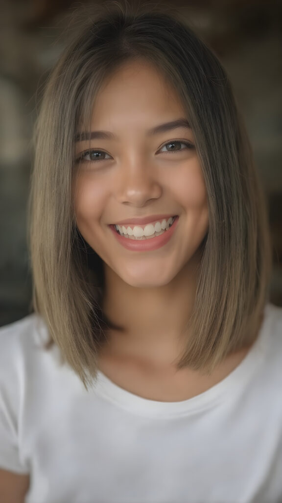 a beautifully captured moment where a (((teen girl))) with (((straight, soft brown and black hair, bob cut))), which is parted slightly to the side, is open mouth and smiling with warm and inviting expression. She's also got (((perfectly shaped teeth))), as visible in the advanced (((full body view))), where the focus is on her face and full lips, giving off an air of natural allure. She's dressed in a (((low-cut, cropped white t-shirt))), which accentuates her toned body even more. Her face and body are perfectly proportioned, with a 16-year-old girl's petite frame, which is further accentuated by her short, tight white t-shirt. This captures a truly youthful and innocent vibe, reminiscent of a high-quality 8K image, perfect for a fashion or beauty inspiration