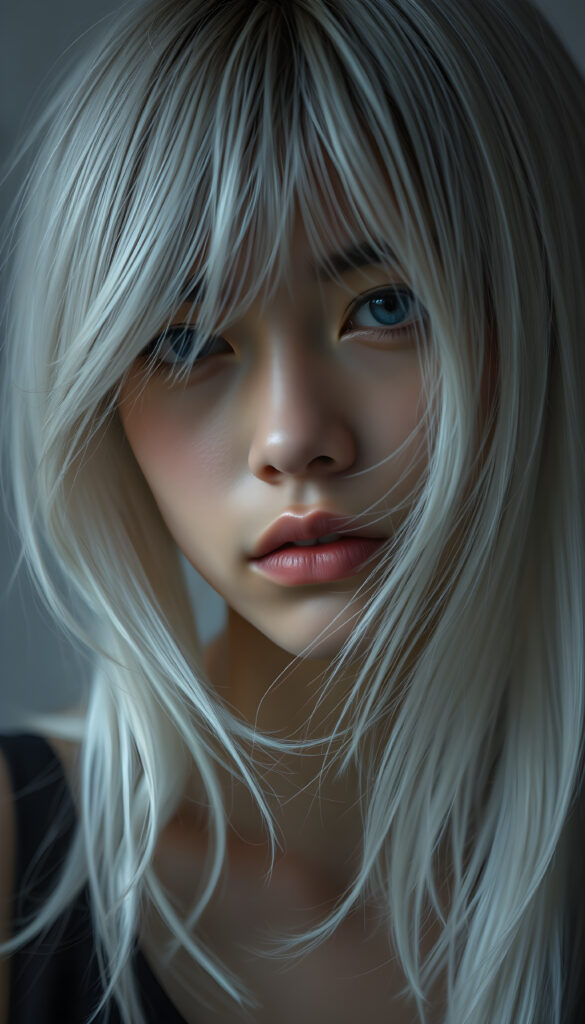 a beautifully drawn (brown-skinned teen emo girl) with flowing, softly waving (straight white hair) framing her face in side bangs and highlighted by a contrasting light blue complexion, expressing a poignant feeling of melancholy and emotional detachment, set against a softly grey (backdrop)
