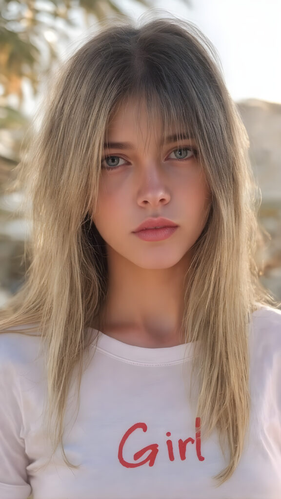 a beautifully drawn (((full body portrait))) of a (((young adult teen girl))), with striking ((straight soft brown and blond hair)), pale skin, and (((vividly bright red lips))), that gives her face a youthful and inviting expression. She's dressed in a ((white cropped t-shirt)), with the letters ''Girl'' printed on the front. Her hair is long, flowing, and cascading down her back, capturing the sun's rays and creating a vivid contrast against her skin. The background is a warm, inviting summer setting, enhancing the cool and inviting atmosphere