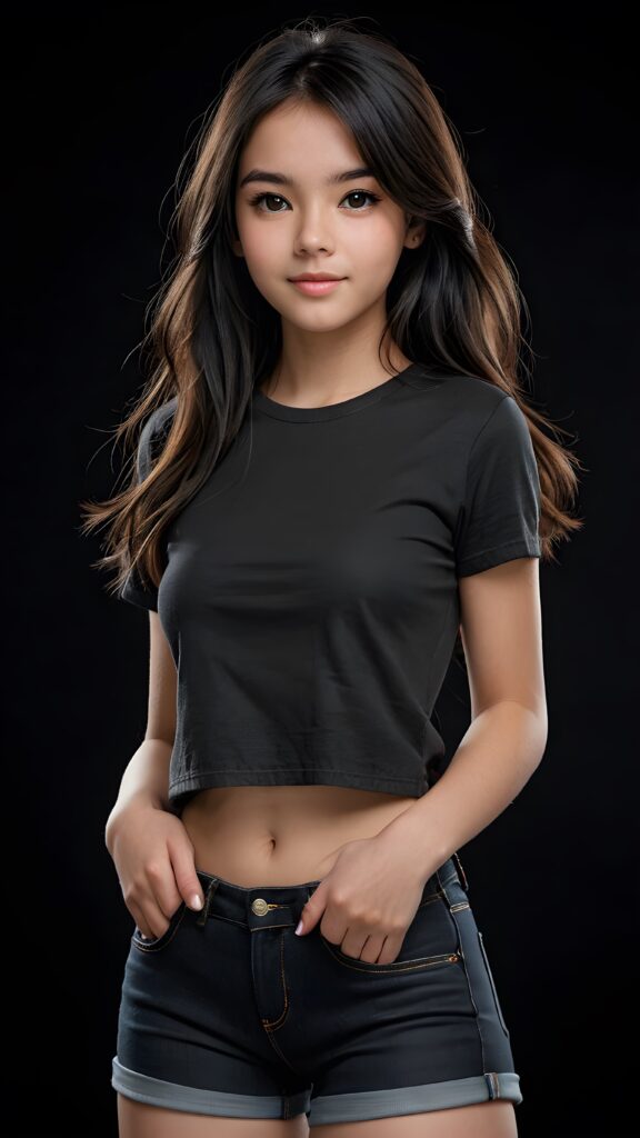 a beautifully drawn (((full body photo))), capturing a young ((teen girl)) with an realistic looking (((black thick, straight soft hair))), (realistic looking eyes) that convey a sense of warmth and vitality, dressed in a soft, ((black t-sirt)), ((short jeans pants)) that complements her natural-toned figure, embodying a youthful, innocent yet (mature) beauty that exudes confidence and allure. ((Black background))
