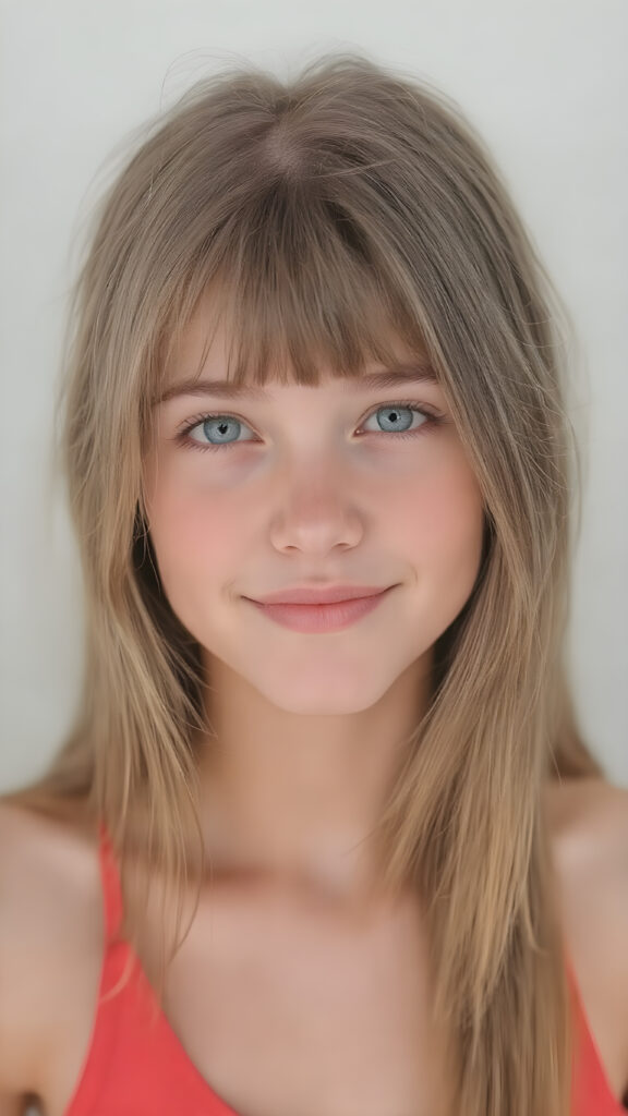 a beautifully drawn (((very young, petite and cute teen girl), with an exceptionally long, straight and thick, jet amber hair that reaches the middle of her ears and lightly curls around her face), with a fair complexion and (super realistic, vividly blue eyes) that match her perfectly symmetrical face. Her smile is bright and cheerful, and her face is perfectly symmetrical. (((She wears a sleek, modern and tight red tank top that perfectly complements her youthful figure, accentuating her perfect legs))) (((The scene is captured in a (very high resolution photo), at 8K resolution, with optimal brightness and clarity. The lighting is softly natural, as if capturing her in a moment of serenity. Her focus is on her full face, with the camera capturing her perfectly symmetrical features and detailed, hyper realistic skin.