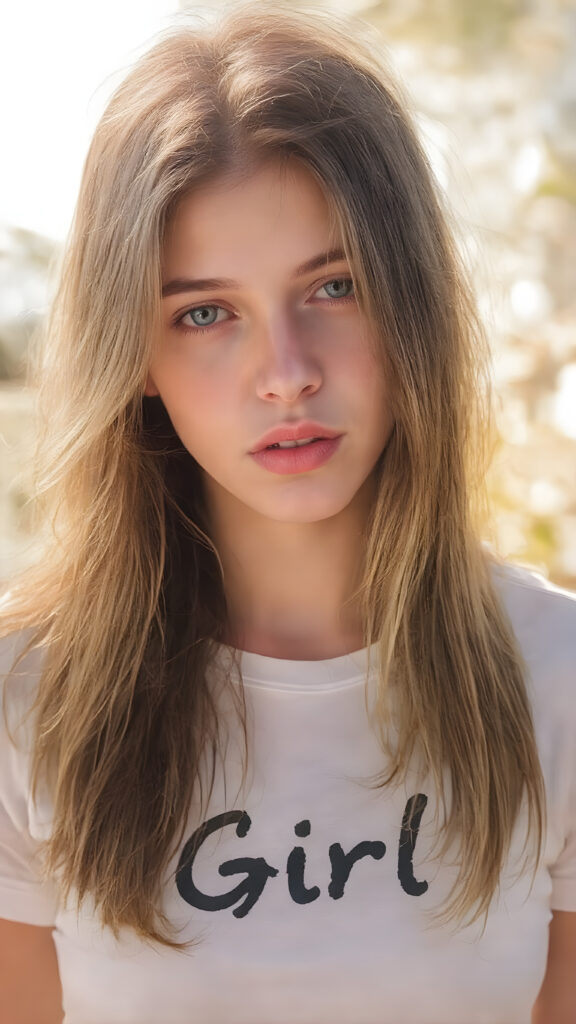 a beautifully drawn (((full body portrait))) of a (((young adult teen girl))), with striking ((straight soft brown and blond hair)), pale skin, and (((vividly bright red lips))), that gives her face a youthful and inviting expression. She's dressed in a ((white cropped t-shirt)), with the letters ''Girl'' printed on the front. Her hair is long, flowing, and cascading down her back, capturing the sun's rays and creating a vivid contrast against her skin. The background is a warm, inviting summer setting, enhancing the cool and inviting atmosphere