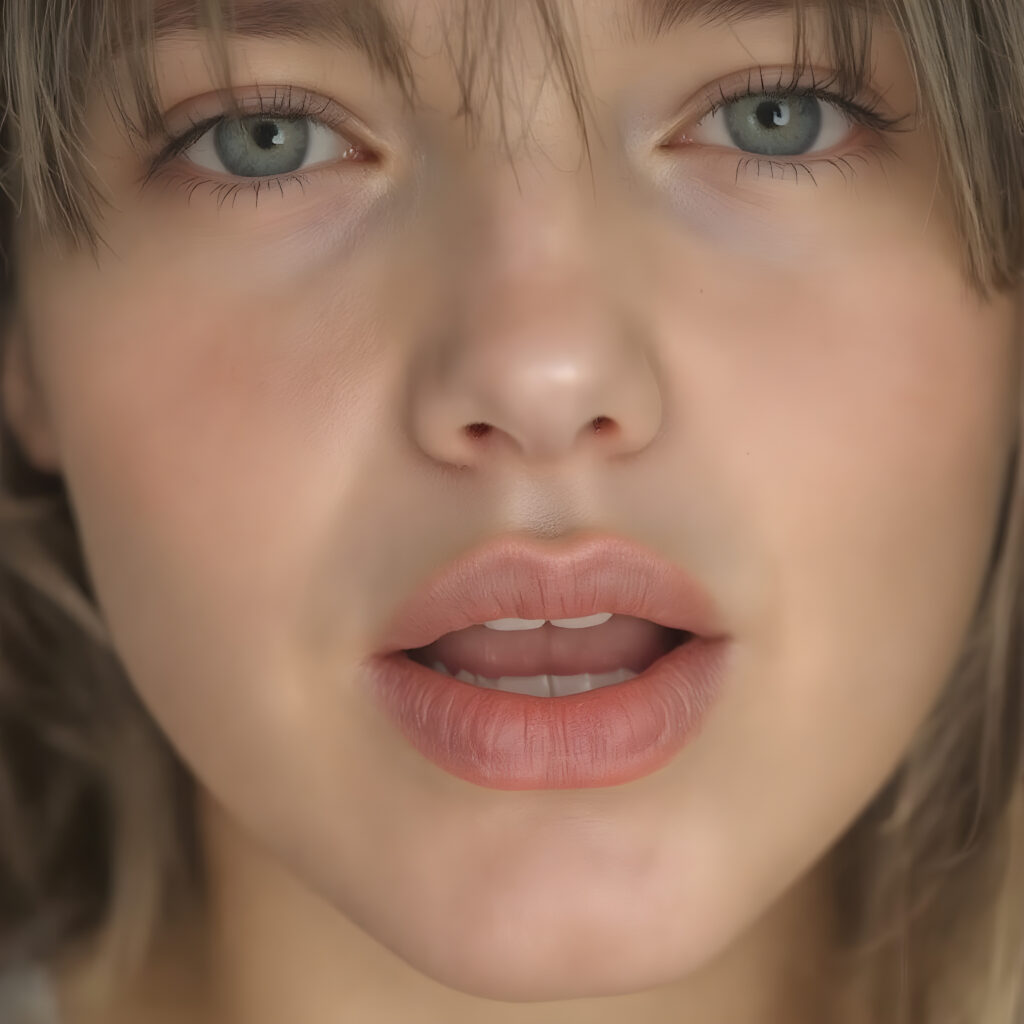 a beautifully face of a adult girl, with hyper realistic, ultra high definition skin texture and glossy lipstick-adorned full lips, the scene is captured in a high-resolution, 8K setting, under a soft, diffused light, bangs cut, open mouth