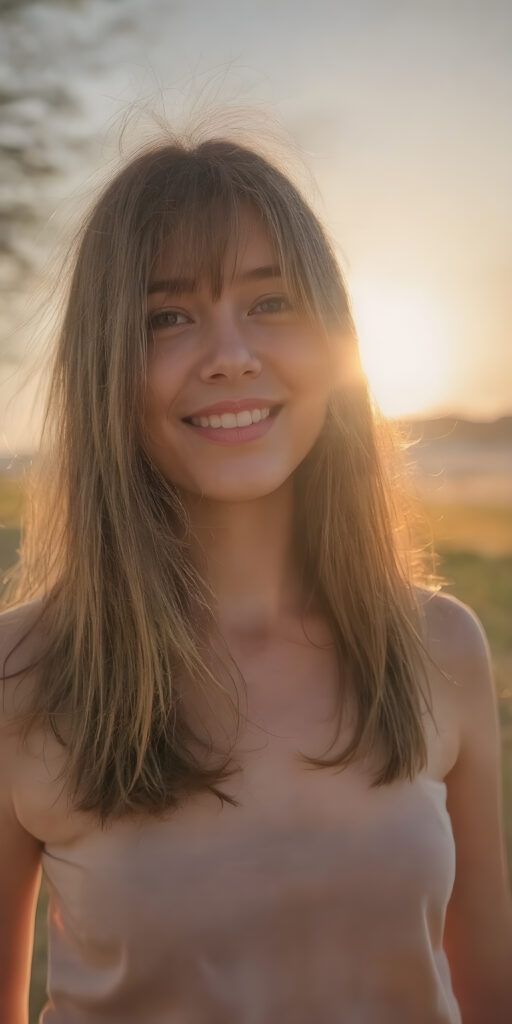 a beautifully overexposed photo (((the silhouette of her full body))) in a (((super realistic and hyper-detail full body photo))), facing the camera with a ((cheerful smile)) and (((natural-looking kissable lips))), highlighting her ((extremely cute features)), the adult girl's (((hair is perfectly straight brown and smooth)) that gently reflect the sun's rays, sun's rays illuminating her skin, giving it an ethereal glow. She is (((extremely realistic and exceptionally beautiful))), with her features subtly emphasized by the bright light, all against a sunset in the backdrop, she wears a thin t-shirt
