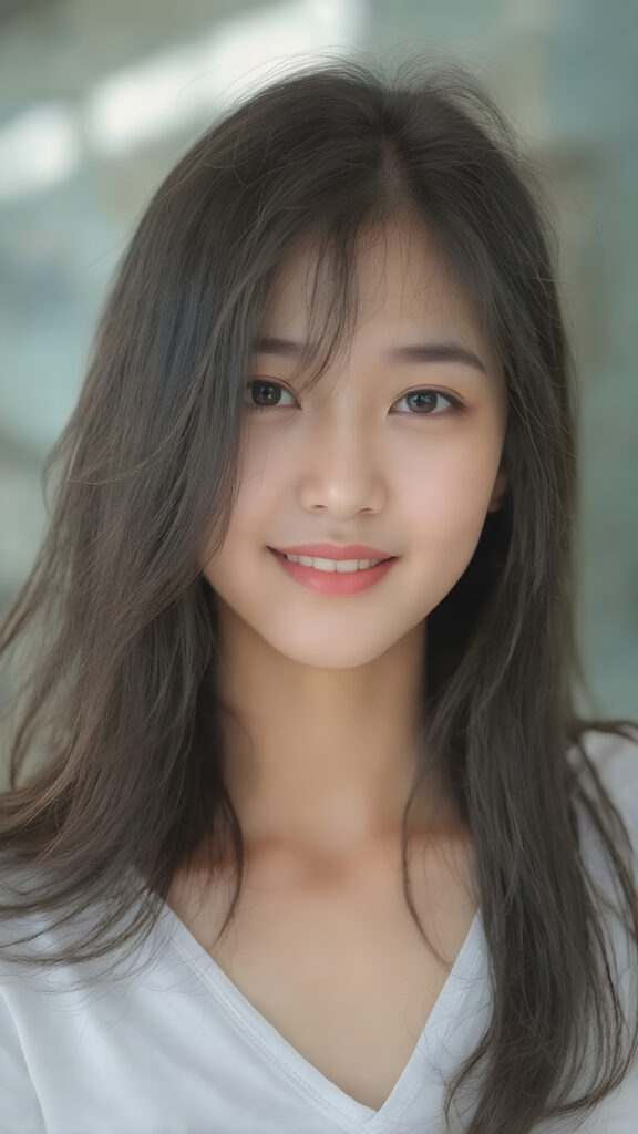 a beautifully realistic and detailed (((upper body portrait))), featuring a (((pretty young Korean teen girl))) with ((long soft straight jet black hair)), which flows gently in the wind, framing her delicate face. Her (((dark eyes))), with their distinctive light brown shade, exude a sense of youthful confidence. She's (((smiling sweetly))), with her lips painted in a natural hue that complements Korea's (tanned skin) and her ((looking directly into the camera)) for a high-quality image. (((She wears a short white t-shirt with a low V-neck))), which emphasizes her ((perfect anatomy)). The overall style is (((K-Drama inspired))), with ((natural-looking skin)) and ((beautiful lighting)), which gives off a sense of (natural confidence)