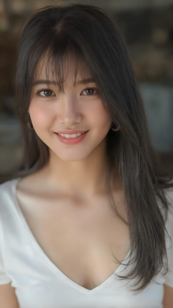 a beautifully realistic and detailed (((upper body portrait))), featuring a (((pretty young Korean teen girl))) with ((long soft straight jet black hair)), which flows gently in the wind, framing her delicate face. Her (((dark eyes))), with their distinctive light brown shade, exude a sense of youthful confidence. She's (((smiling sweetly))), with her lips painted in a natural hue that complements Korea's (tanned skin) and her ((looking directly into the camera)) for a high-quality image. (((She wears a short white t-shirt with a low V-neck))), which emphasizes her ((perfect anatomy)). The overall style is (((K-Drama inspired))), with ((natural-looking skin)) and ((beautiful lighting)), which gives off a sense of (natural confidence)