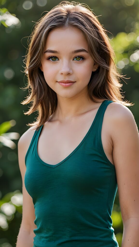 a beautifully realistic (((photo of a young teen girl))) with a round face and perfectly straight soft brown hair, wearing a ((cute short tight tank top (deep v-neck) with an open front)), and matching briefs. She's posed seductively in a sunny green natural backdrop, looking directly into the camera with a warm smile. Her features are exceptionally well drawn and include perfectly shaped lips and bright green eyes that match her flawless complexion. The image exudes an air of youthful confidence and sensual charm.