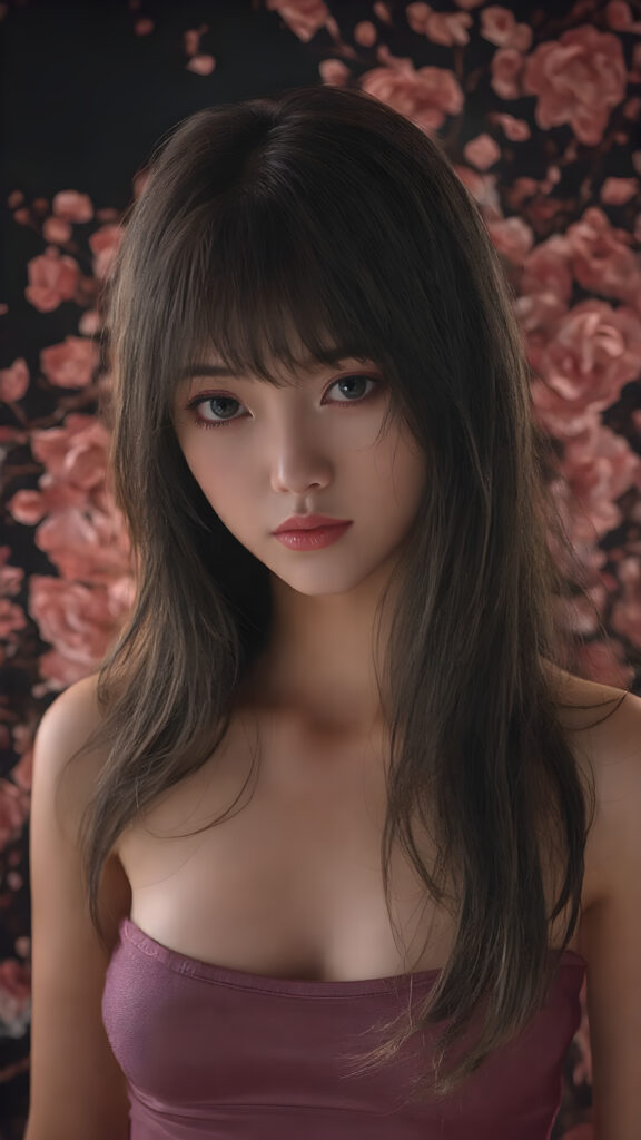a beautifully realistic and detailed photo from a (((super realistic Japanese girl))), with a curvy figure and intricate details, dressed in a (((super short, tight tank top))), poised in a playfully confident pose, with long, flowing hair and striking, perfectly detailed eyes