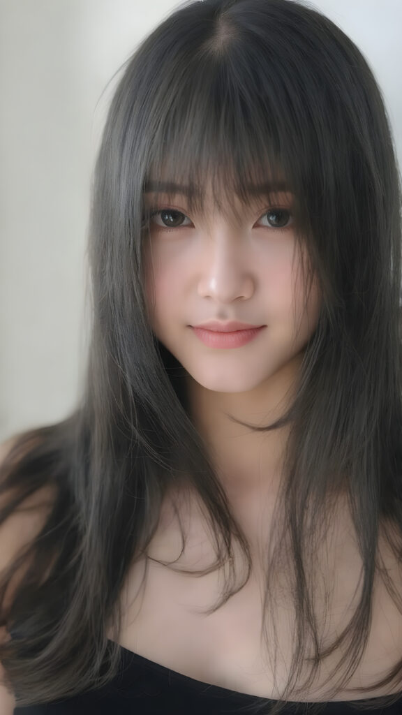 a beautifully snapshot, highlighting the intricate details of a (((straight, thick, and slightly wavy black hair, bangs cut))) paired with (((black eyes))), dressed in a (((black, cropped top))), accessorized with (((pale skin))). The Asian girl exudes an air of (((extreme youthful beauty))), with (((extremely long, flowing straight hair))), which cascades down in a (((swirling vortex))), accompanied by (((a whimsically playful smile))) that gives off a (((subtle yet inviting vibe))). The overall atmosphere is (((extremely advanced and hyper realistic))), with (((the girl's skin))), which has (((extensive, hyper realistic detail)))