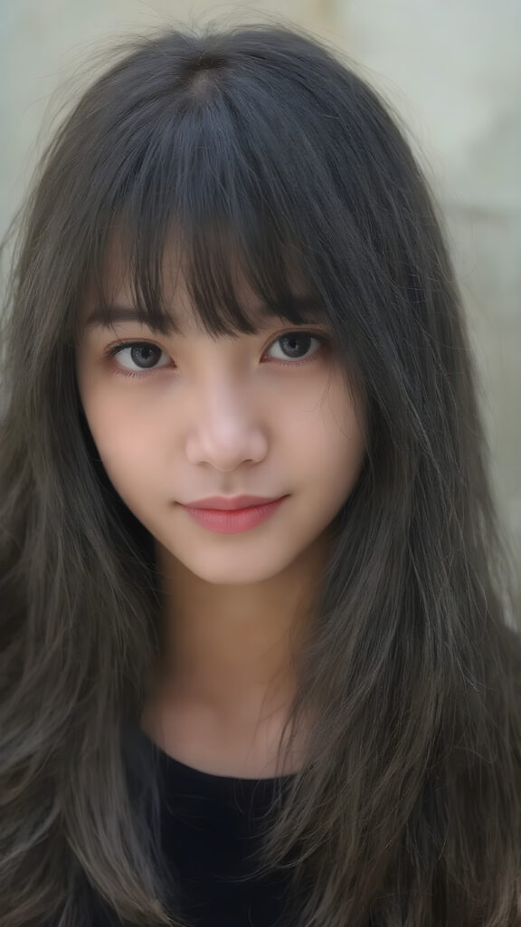 a beautifully snapshot, highlighting the intricate details of a (((straight, thick, and slightly wavy black hair, bangs cut))) paired with (((black eyes))), dressed in a (((black, cropped top))), accessorized with (((pale skin))). The Asian girl exudes an air of (((extreme youthful beauty))), with (((extremely long, flowing straight hair))), which cascades down in a (((swirling vortex))), accompanied by (((a whimsically playful smile))) that gives off a (((subtle yet inviting vibe))). The overall atmosphere is (((extremely advanced and hyper realistic))), with (((the girl's skin))), which has (((extensive, hyper realistic detail)))