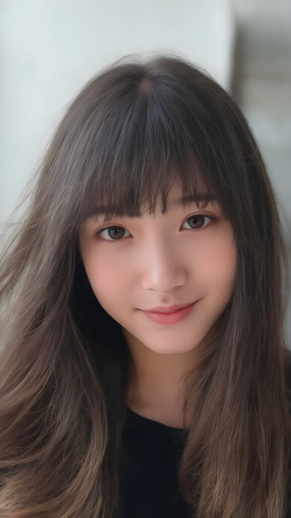 a beautifully snapshot, highlighting the intricate details of a (((straight, thick, and slightly wavy black hair, bangs cut))) paired with (((black eyes))), dressed in a (((black, cropped top))), accessorized with (((pale skin))). The Asian girl exudes an air of (((extreme youthful beauty))), with (((extremely long, flowing straight hair))), which cascades down in a (((swirling vortex))), accompanied by (((a whimsically playful smile))) that gives off a (((subtle yet inviting vibe))). The overall atmosphere is (((extremely advanced and hyper realistic))), with (((the girl's skin))), which has (((extensive, hyper realistic detail)))