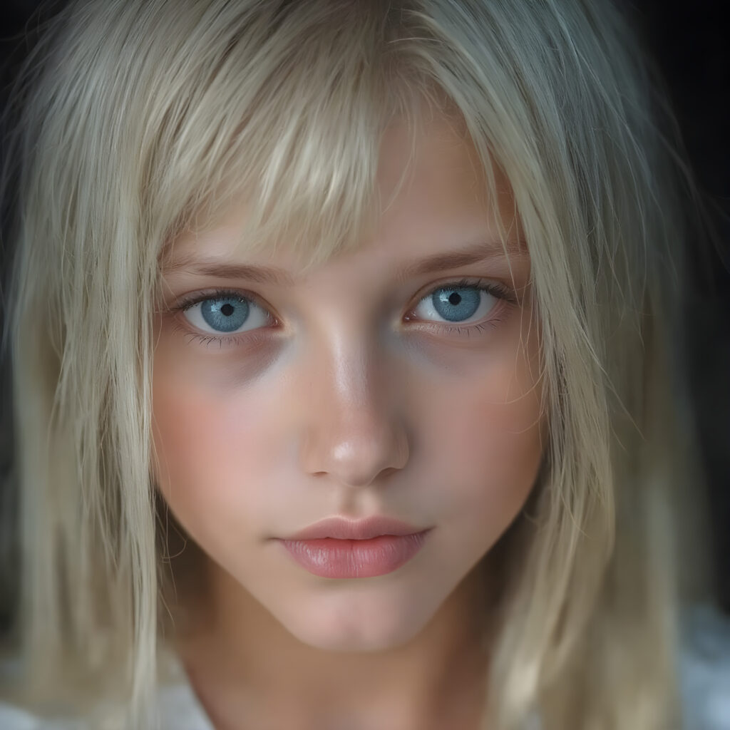 a beautifully super realistic and detailed close up photo, (((young cute teen girl))), with straight soft long white realistic hair, deep blue eyes, round face, which accentuates her perfect collarbones, and a seductive smile that captures the viewer’s attention. Her flawless silver skin is visible in full detail, as is her slightly parted lips and piercing gaze, which draws the viewer in for an intimate close-up. Her mouth is slightly open, white teeth, she is wearing a white short t-shirt, all against a black backdrop