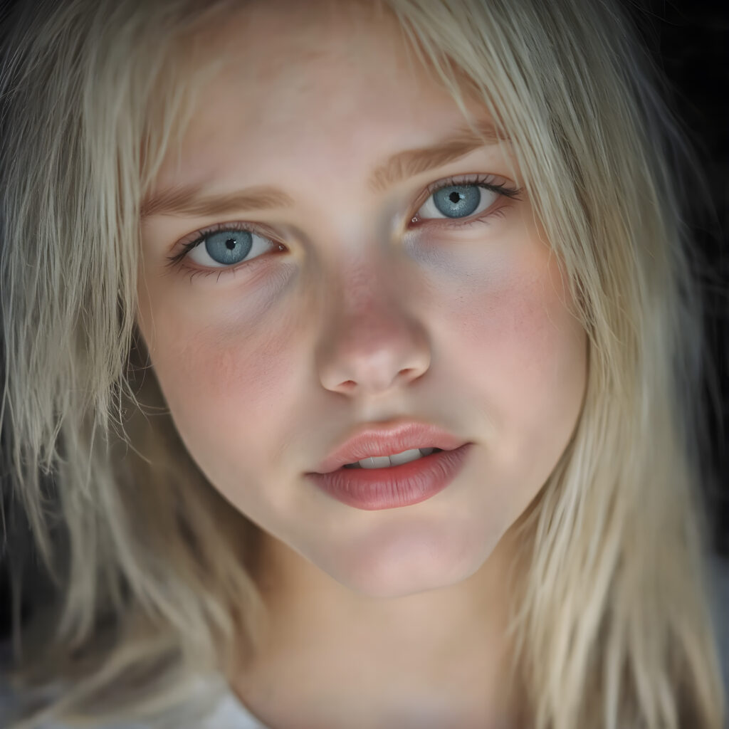 a beautifully super realistic and detailed close up photo, (((young cute teen girl))), with straight soft long white realistic hair, deep blue eyes, round face, which accentuates her perfect collarbones, and a seductive smile that captures the viewer’s attention. Her flawless silver skin is visible in full detail, as is her slightly parted lips and piercing gaze, which draws the viewer in for an intimate close-up. Her mouth is slightly open, white teeth, she is wearing a white short t-shirt, all against a black backdrop