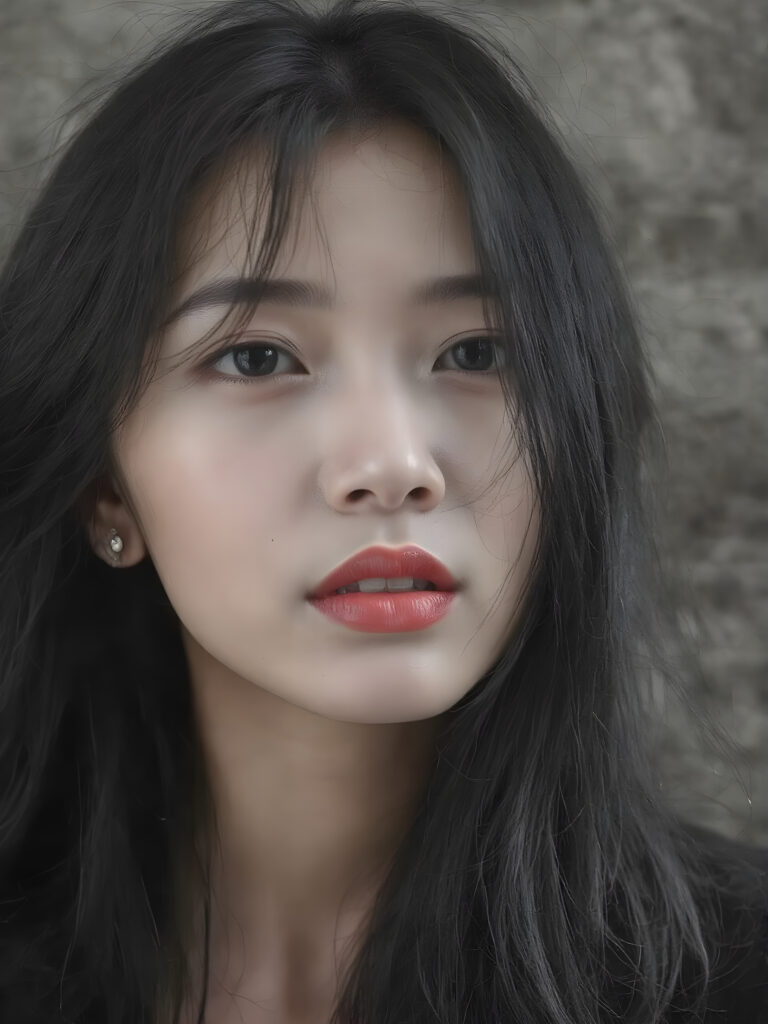 a (((black and white photograph))), vividly contrasted by splashes of (((red lip color))), representing a (((full-body capture))) of a (((beautiful Asian girl, long black hair))) with an (((ultra realistic, intricate details))) that defy the laws of physics, with a (((dynamic advanced lighting system))) that brings out the extreme details, composited against a (((natural, grainy backdrop))), emulating a hyper-realistic, advanced photography