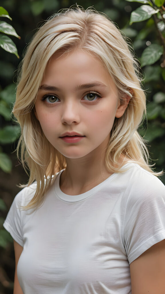 a breathtakingly detailed and hyperrealistic (((professional photograph))), portraying an intensely sorrowful expression on the face of a young girl with luxuriantly flowing, untamed, straight, silky white blonde hair cascading down her shoulders, despite its perfect length and texture suggesting advanced age, paired with a minimalist ((white short sleeve T-shirt))