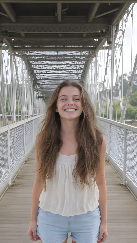 a carefree, overjoyed girl with long, wavy hair stands on a large bridge. She is dressed for summer