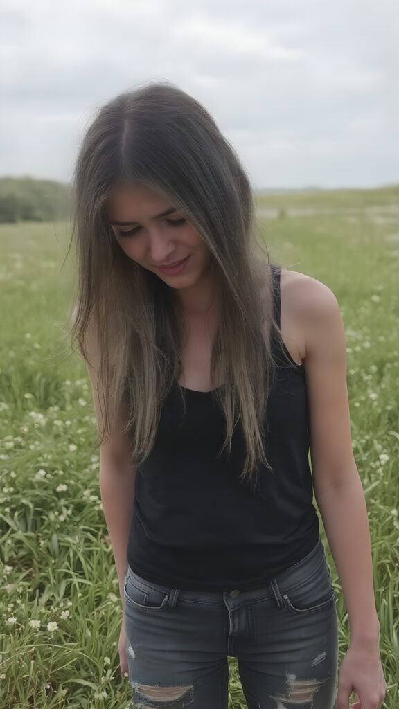 a (((crying adult girl))) with tearful expressions and (((long, straight hair))), dressed in a sleek ((black tank top)) and ((tattered denim jeans pants)), offset by a (((sunny green meadow), full body image