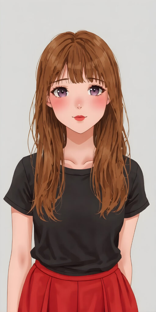 a (((cute adult girl))) with (((thoughtfully long soft drawn red straight hair))), that gently curls into a (((playful but welcoming pose))), as she gives off an air of (carefulness and attention to detail) in her expression. Her (((vividly beautiful eyes))), which exude a sense of (curious intelligence), are framed by (full, defined red lips) that convey a feeling of (playfulness). She's dressed in a (softly fitted short black T-shirt) with (flared, glossy red skirt) that make her overall height and figure (extremely accurate and exceptionally well drawn), stand in front of the viewer, grey backdrop