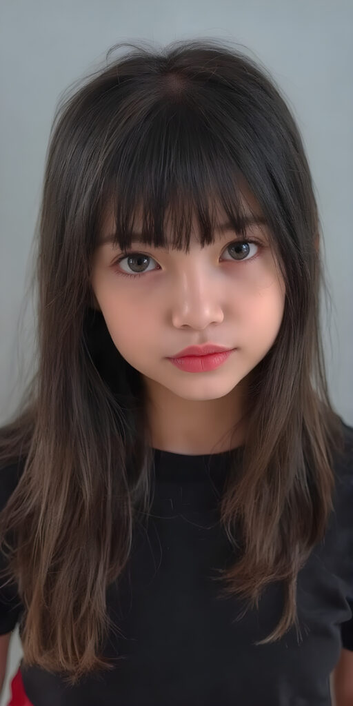 a (((cute adult girl))) with (((thoughtfully long soft black straight hair))), that gently curls into a (((playful but welcoming pose))), as she gives off an air of (carefulness and attention to detail) in her expression. Her (((vividly beautiful eyes))), which exude a sense of (curious intelligence), are framed by (full, defined red lips) that convey a feeling of (playfulness). She's dressed in a (softly fitted short black T-shirt) with (flared, glossy red skirt) that make her overall height and figure (extremely accurate and exceptionally well realistic photo), stand in front of the viewer, grey backdrop