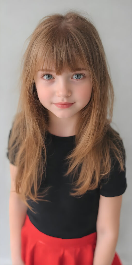 a (((cute adult girl))) with (((thoughtfully long soft red straight hair))), that gently curls into a (((playful but welcoming pose))), as she gives off an air of (carefulness and attention to detail) in her expression. Her (((vividly beautiful eyes))), which exude a sense of (curious intelligence), are framed by (full, defined red lips) that convey a feeling of (playfulness). She's dressed in a (softly fitted short black T-shirt) with (flared, glossy red skirt) that make her overall height and figure (extremely accurate and exceptionally well realistic photo), stand in front of the viewer, grey backdrop