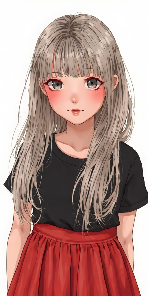 a (((cute adult girl))) with (((thoughtfully long soft drawn white straight hair))), that gently curls into a (((playful but welcoming pose))), as she gives off an air of (carefulness and attention to detail) in her expression. Her (((vividly beautiful eyes))), which exude a sense of (curious intelligence), are framed by (full, defined red lips) that convey a feeling of (playfulness). She's dressed in a (softly fitted short black T-shirt) with (flared, glossy red skirt) that make her overall height and figure (extremely accurate and exceptionally well drawn), stand in front of the viewer, grey backdrop