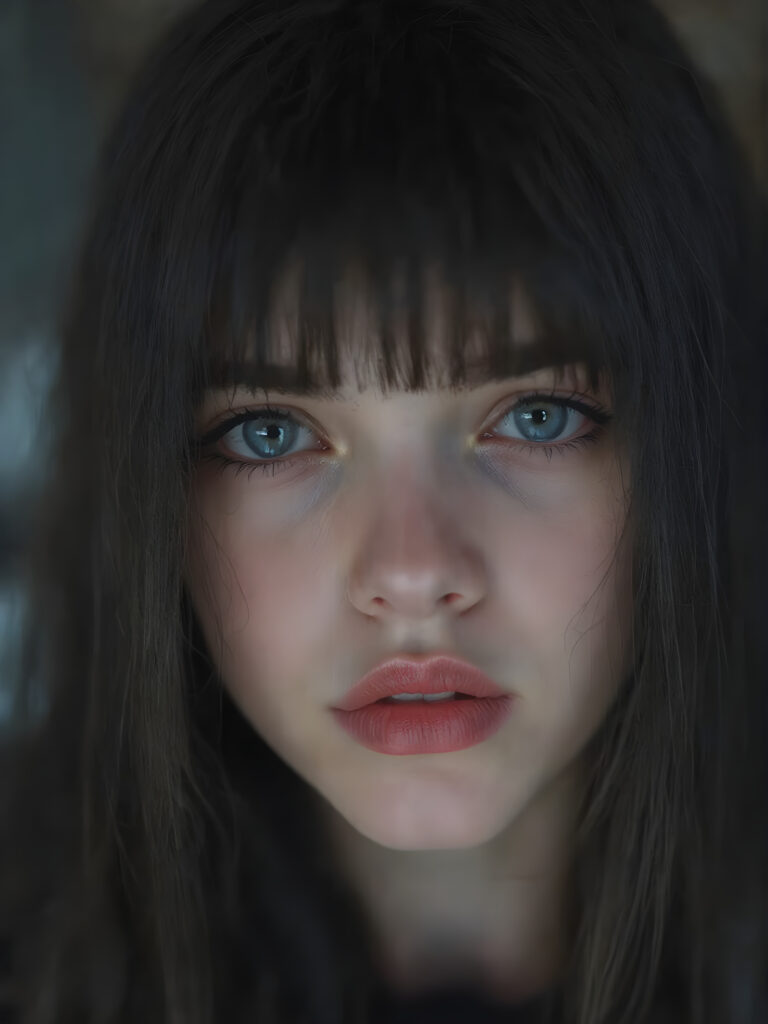 a cute, ((photo realistic)), ((teen Emo girl)), ((long, straight jet black hair, bangs)), ((melancholic sad eyes)), ((depressed)), ((bummed out)), ((disappointed)), ((large cute determined red lips)), ((dark blue eyes)), ((black eye shadows)), (((black eyelids))), ((thick black brows)), (((gothic make-up))), ((detailed face)), ((realistic face)), ((matching faces)), ((perfect teeth)), ((looking into the camera))
