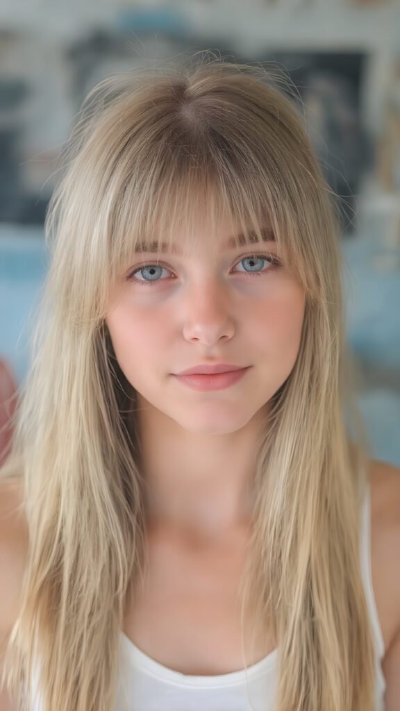 a (((cute school teen girl))) with (((long, straight, soft blonde hair))), styled in sleek bangs, wearing a ((white tank top)), looking directly at the camera for a portrait shot. Her expression exudes warmth and confidence. The setting is vividly captured, with natural lighting casting a soft glow. Her focus on the camera is perfectly framed, achieving highly detailed and hyper-realistic skin texture. The image perfectly captures her beautiful female-inspired style, embodying a modern and fashionable aesthetic