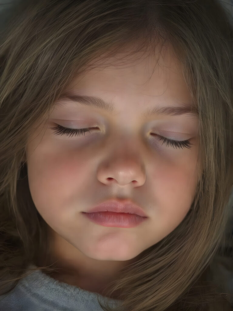 a cute sleeping teen girl, straight hair, full lips, (the picture radiates a pleasant calm and contentment), detailed