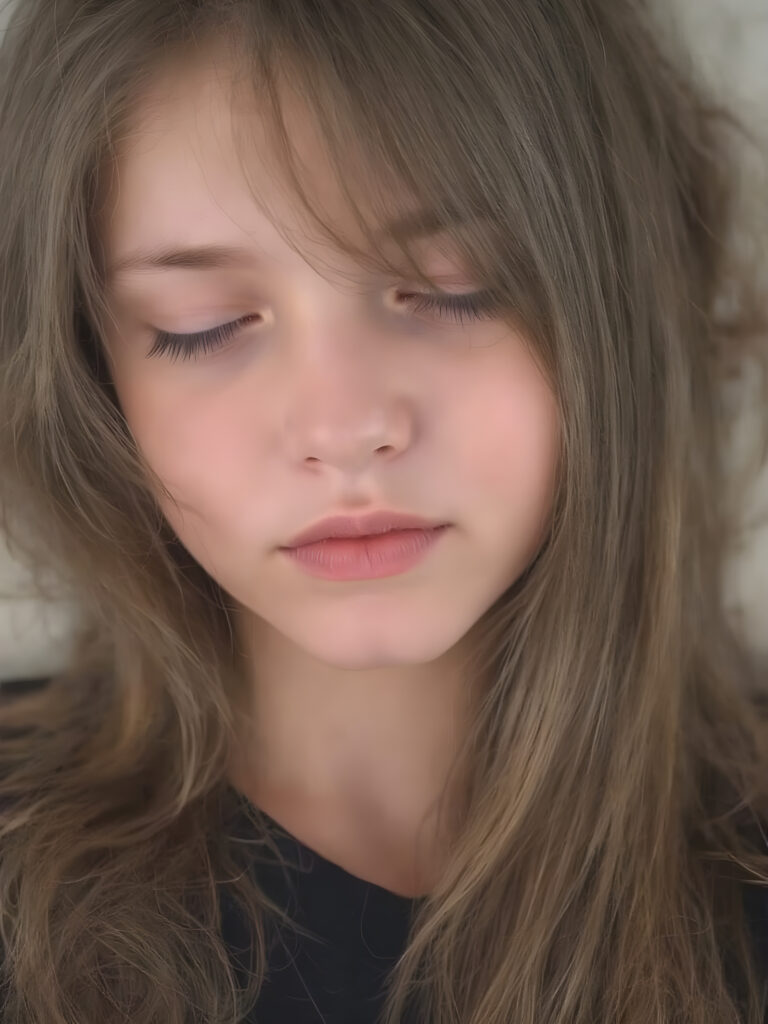 a cute sleeping teen girl, straight hair, full lips, (the picture radiates a pleasant calm and contentment), detailed