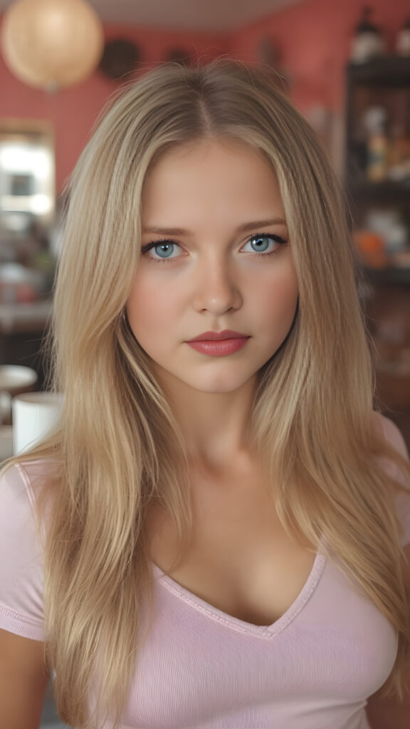 a cute well busty teen girl, soft straight very long light blond jet hair, full kissable lips, ((light pink plain cropped top with deep v-neck)), perfect curved body, light blue eyes, detailed round face, in a vintage salon, 1970s style