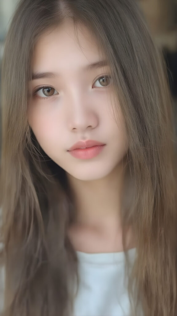 a cute young Asian girl, super long straight hair, round face, full lips, amber eyes, detailed