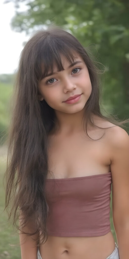 a (((cute young girl))), with long, straight, thick, wavy, jet, shiny black-brown hair, bangs cut frame her face, wearing a (((high cut, tight, spaghetti tank top))), posing perfect, ((accentuating her ((navel)) and (soft, youthful thighs))), (((full body side view))) ((natural spring backdrop))