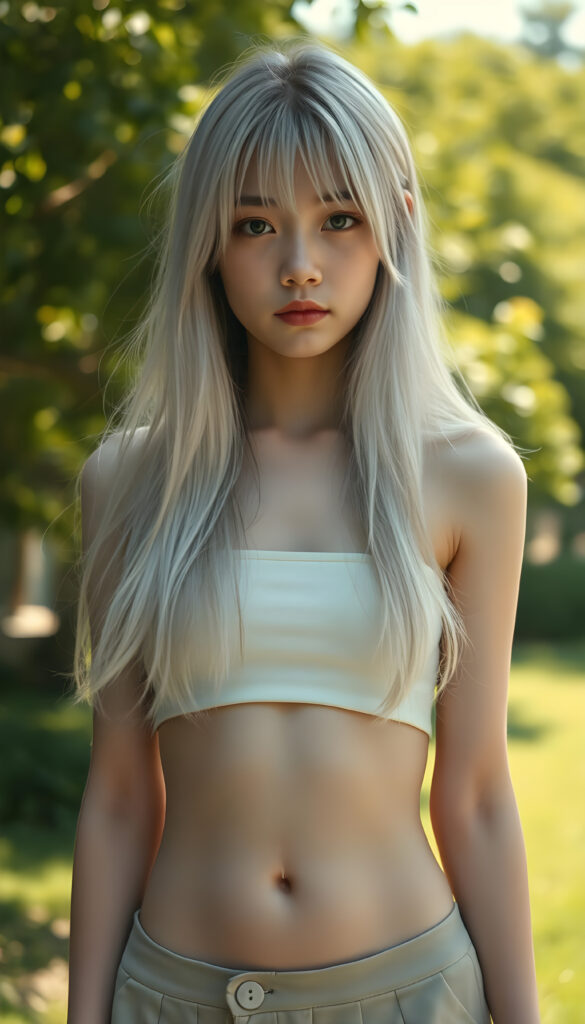 a (((cute young Japanese teen girl))), with pale skin and (((long, open platinum white hair))), all framed by a (((vividly detailed, realistic film effect))), capturing her from a (((full-body shot))), with a (((warm, cozy atmosphere))) that suggests a (((cropped top, mini skirt, you can see her belly button))), both modeled against a backdrop of (((sunny green landscape)))