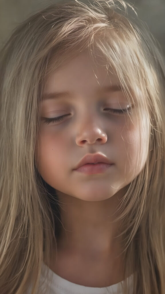 a cute young girl, with (((long, silky, straight hair that falls down to her back))), (((black closed eyes that reflect the sunlight around her face))), her lips parted as if to take in a breath of fresh air, the warmth of the sun kissing her round face, creating a serene moment that exudes a sense of pure joy and tranquility