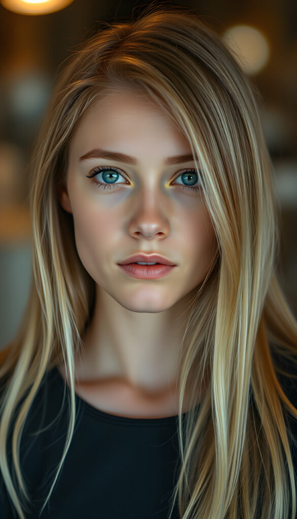 a cute young stunning adult girl, blond soft open straight hair, blue eyes
