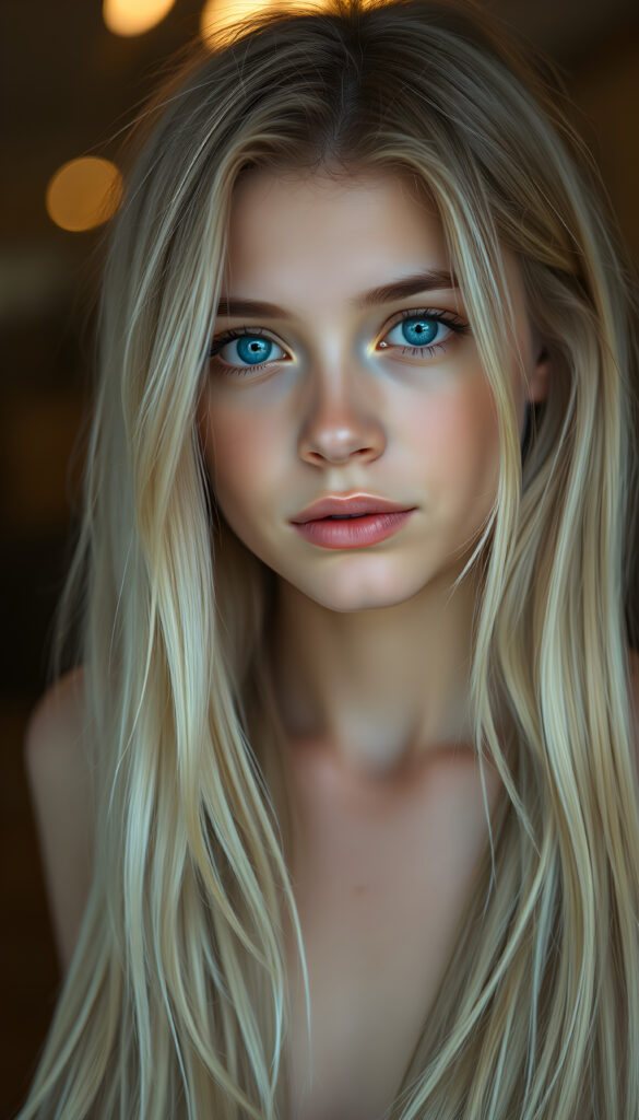 a cute young stunning adult girl, blond soft open straight hair, blue eyes