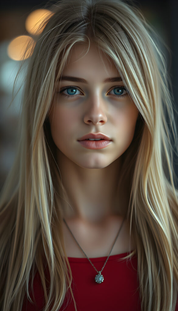 a cute young stunning adult girl, blond soft open straight hair, blue eyes