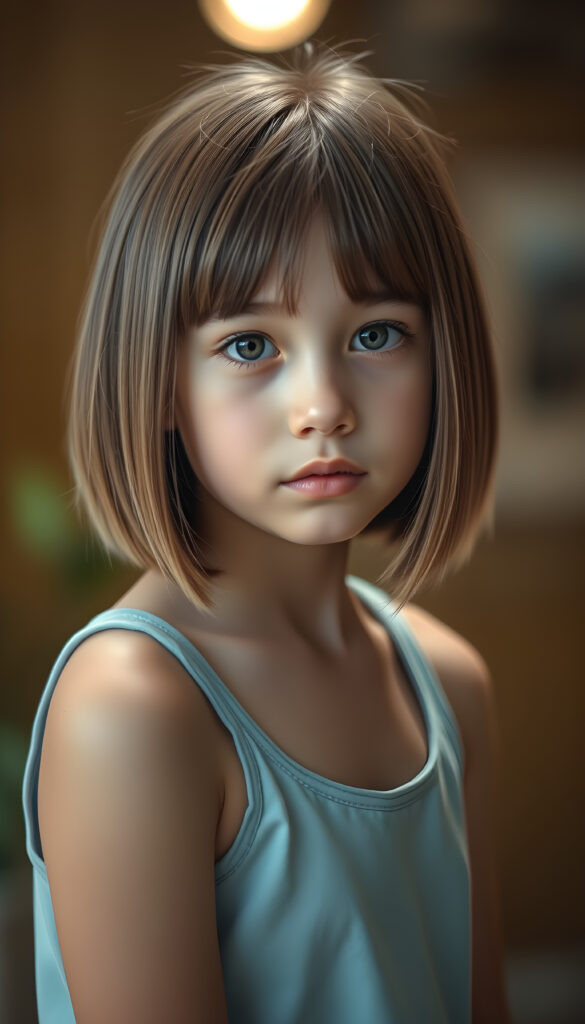 a cute young super realistic girl, straight light brown hair same length left and right, bob cut, plain short light blue tank top, full plum pink lips, round eyes, round face