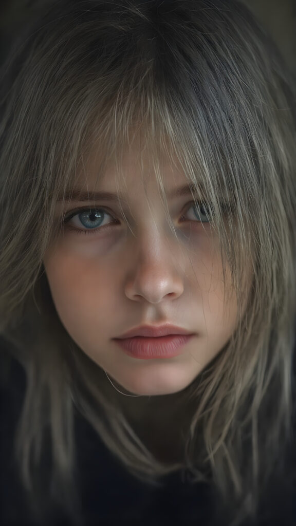 a detailed perfect portrait, young girl, 13 years old, she wears a ((coat)), she looks very sad at the viewer, detailed shiny ((straight soft long soft ash grey hair)), full lips, round detailed face ((cute)), ((gorgeous)), detailed amber eyes, cinematic