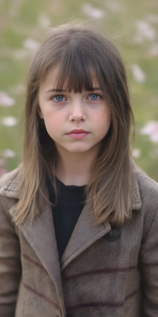 a detailed perfect portrait with pastel colors, young cute girl, stands in a sunny meadow. She wears a ((checkered coat in brown and grey)) and black shirt, she look at the viewer, detailed shiny straight brown hair, blue eyes, round detailed face