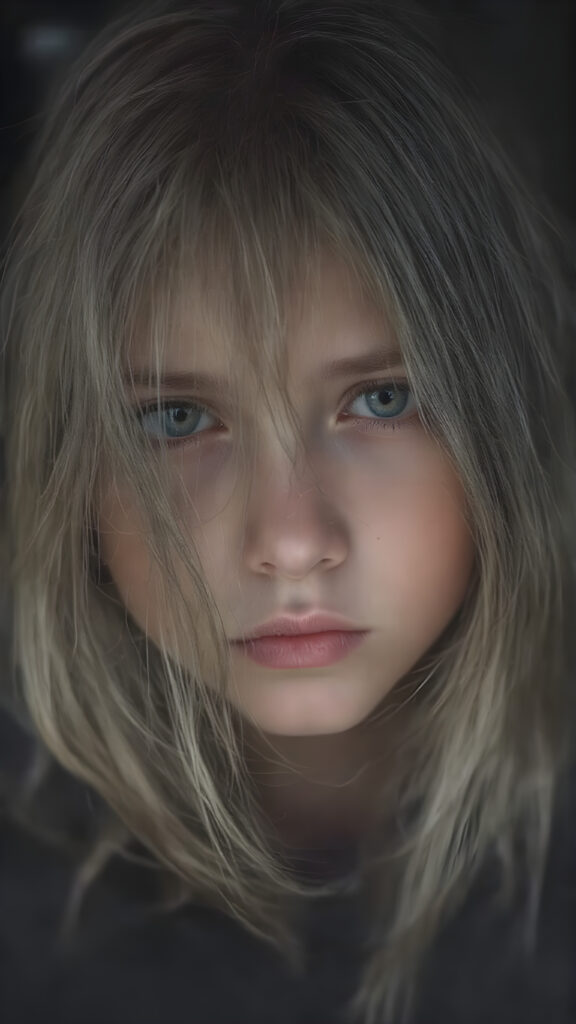 a detailed perfect portrait, young girl, 13 years old, she wears a ((coat)), she looks very sad at the viewer, detailed shiny ((straight soft long soft ash grey hair)), full lips, round detailed face ((cute)), ((gorgeous)), detailed amber eyes, cinematic