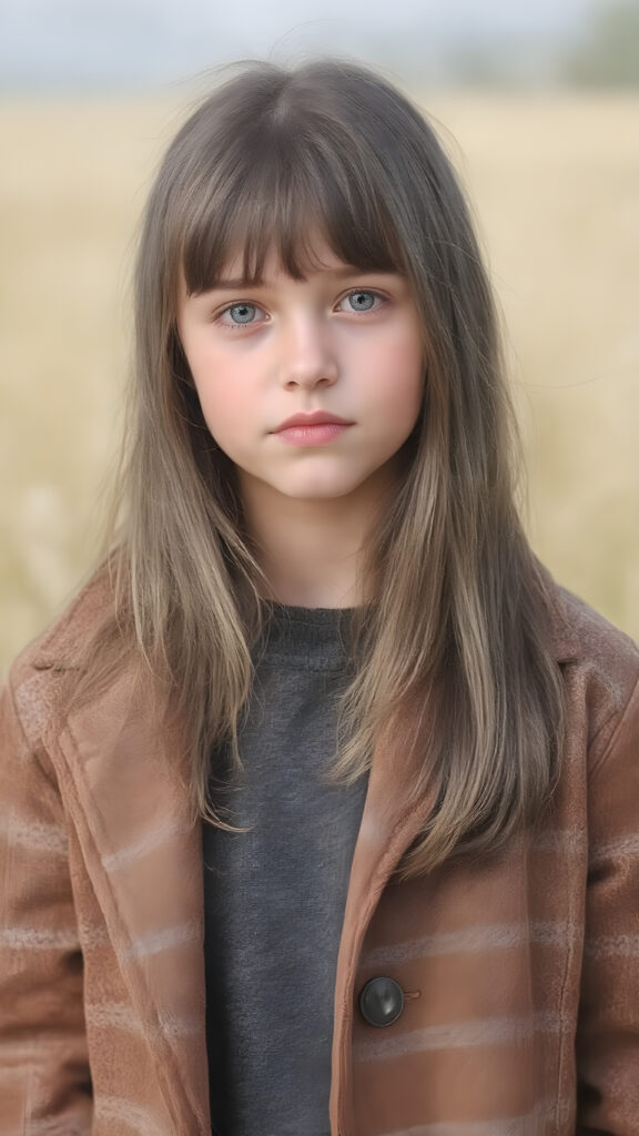 a detailed perfect portrait with pastel colors, young cute girl, stands in a sunny meadow. She wears a ((checkered coat in brown and grey)) and black shirt, she look at the viewer, detailed shiny straight brown hair, blue eyes, round detailed face