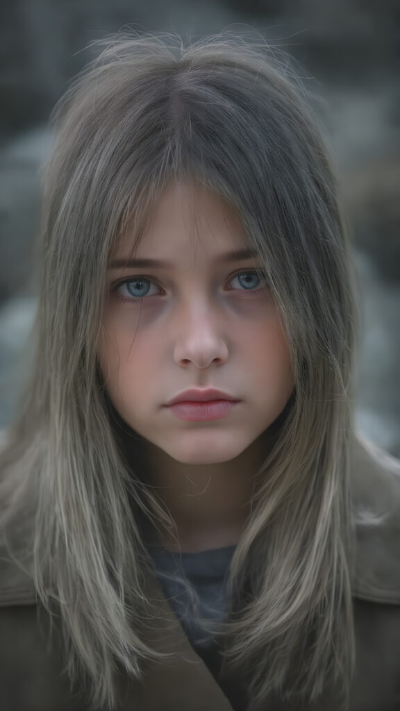 a detailed perfect portrait, young girl, 13 years old, she wears a ((coat)), she looks very sad at the viewer, detailed shiny ((straight soft long soft ash grey hair)), full lips, round detailed face ((cute)), ((gorgeous)), detailed amber eyes, cinematic