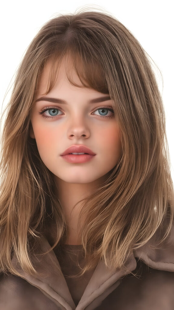 a detailed perfect alcohol ink hand drawing portrait with realistic colors, young cute tanned teenage girl, she wears a ((coat in brown)), she look at the viewer, detailed shiny straight brown hair, hazelnut eyes, seductive, round detailed face, ((all against a amber backdrop))